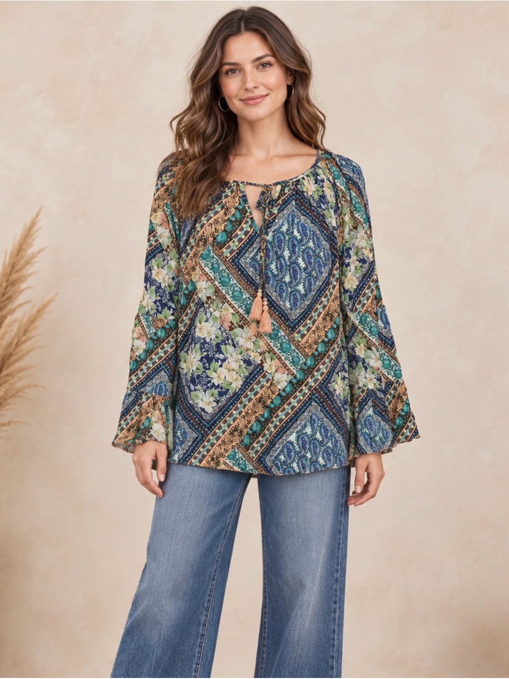 Johnny Was Patchwork Floral Tie-Neck Blouse (092355) 🦋 🌼